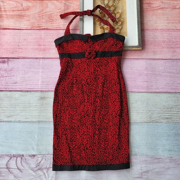 Collectif Dresses & Skirts - Collectif Red Leopard Animal Print Halter Fitted Pencil Wiggle Retro Dress 12US